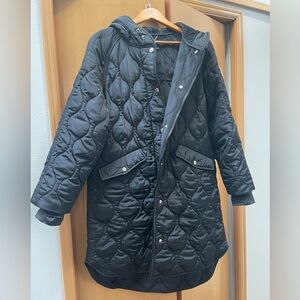 BCBG Onion Black Quilted Hooded Long Coat - Puffer Jacket